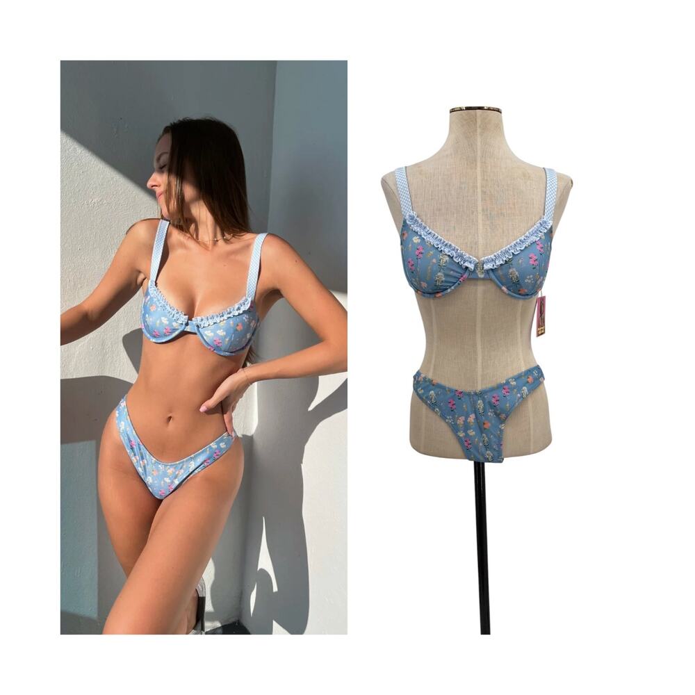 Strawberry Milk Mob Brad's Favorite Floral Bikini Set Blue Ruffle NWT Medium